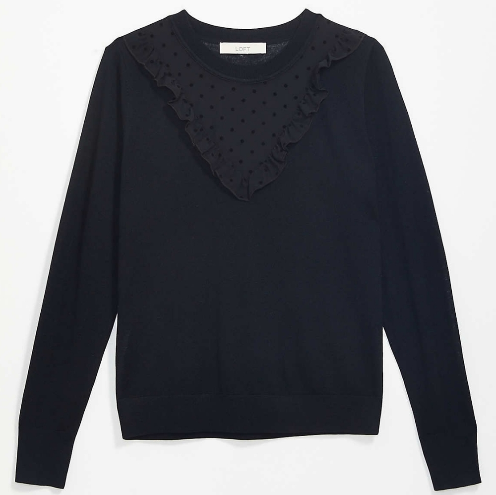 LOFT ruffled yoke slim fit sweater, xl, black